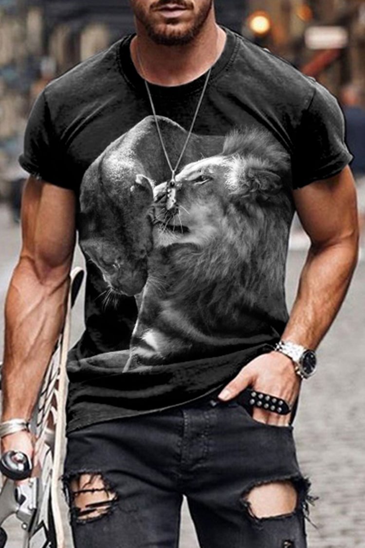 Tiboyz Vintage Couple Lion Pattern Short Sleeve T-Shirt