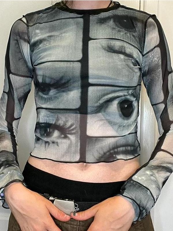 Statement Eyes Graphic Printed Color Block Mesh Blouse Crop Top