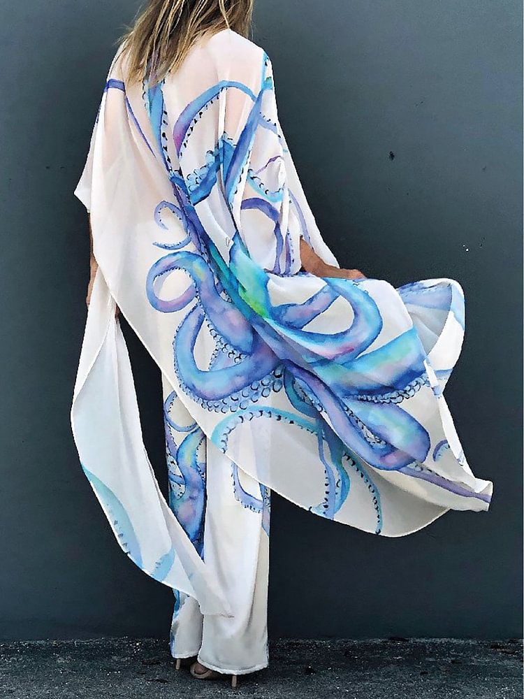 Women's Fashion Octopus Print Dress Beach Blouse Skirt Sun Protection Shirt Loose Dress-Mayoulove