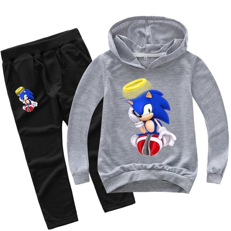 Girls Boys Sonic The Hedgehog Print Cotton Hoodie And Pants Tracksuit-Mayoulove