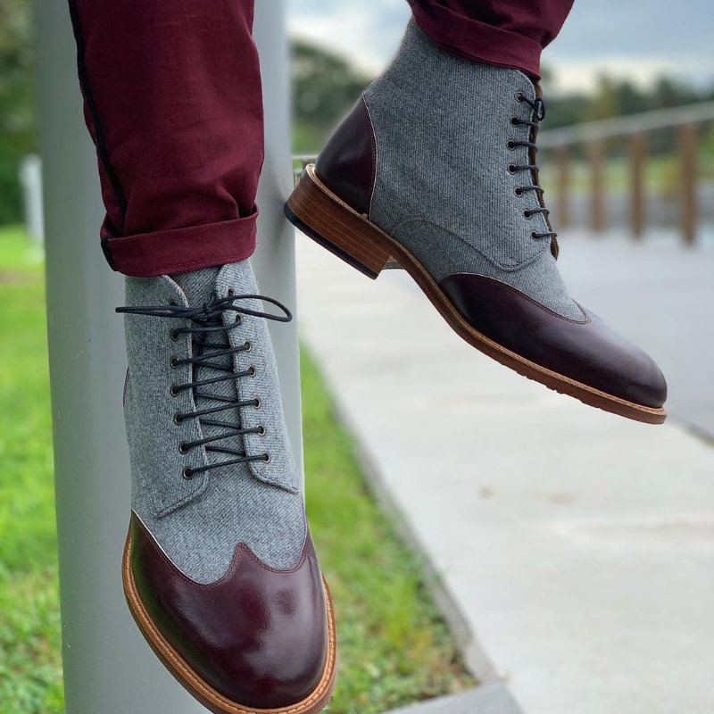Chic gray-brown color-block mid-tube men's boots - Krazyskull