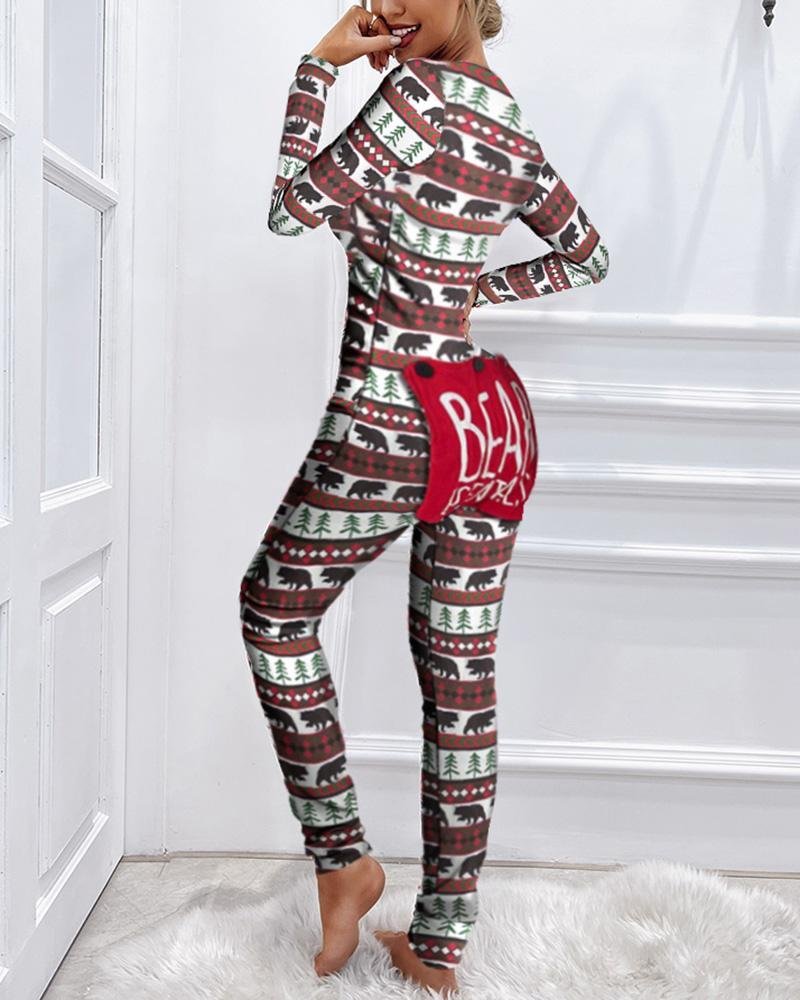 Christmas Print Functional Buttoned Flap Adults Pajamas P10819