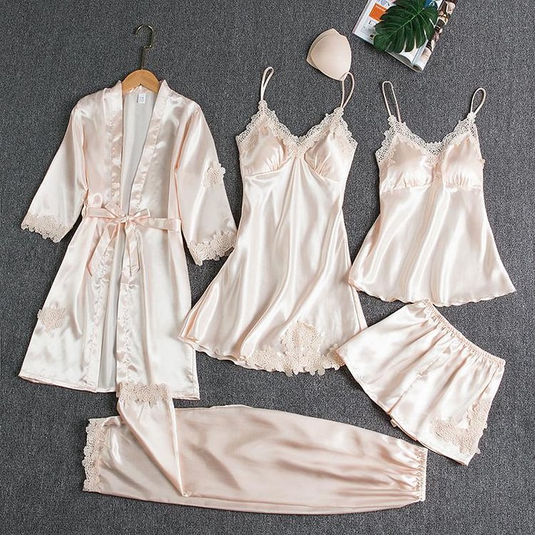 [Valentine's Day Gifts] Blushy Silk 5 Piece Pajama Set