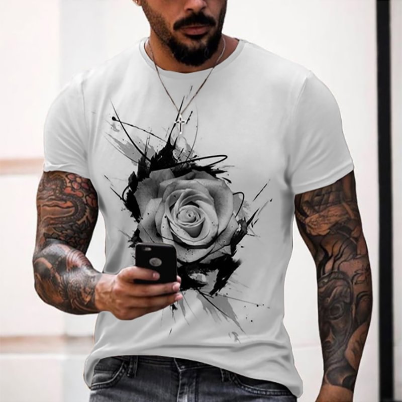 Mens casual rose print short-sleeved shirt / [viawink] /