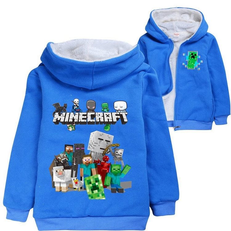 Mayoulove Mosaic Patterned Minecraft Print Boys Fleece Lined Zip Up Hoodie-Mayoulove