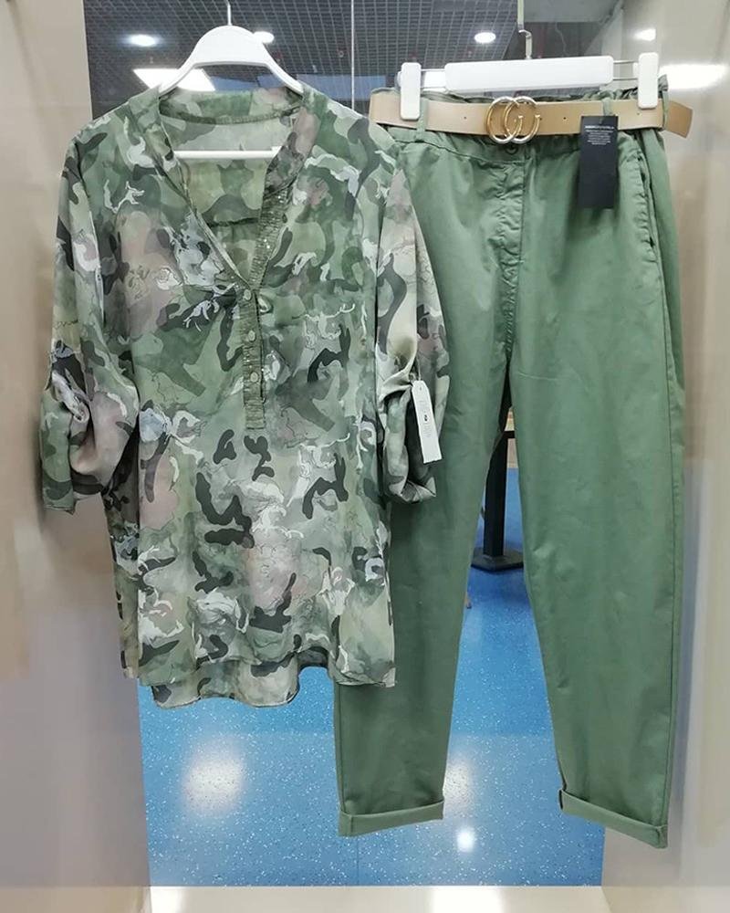 Camouflage 3/4 Sleeves Casual Two-piece Suit