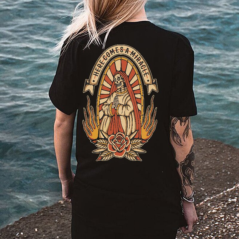 Here Comes A Miracle Skeleton Virgin Printed T-shirt - Krazyskull
