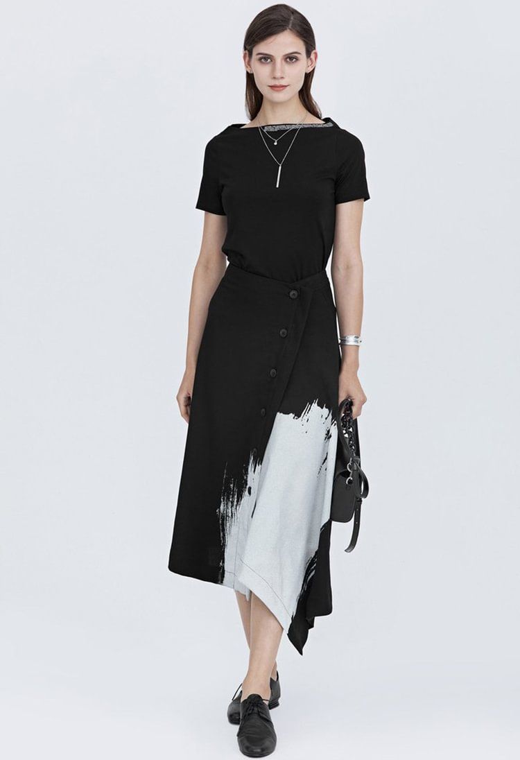 SDEER Contrast printed irregular A-line black dress