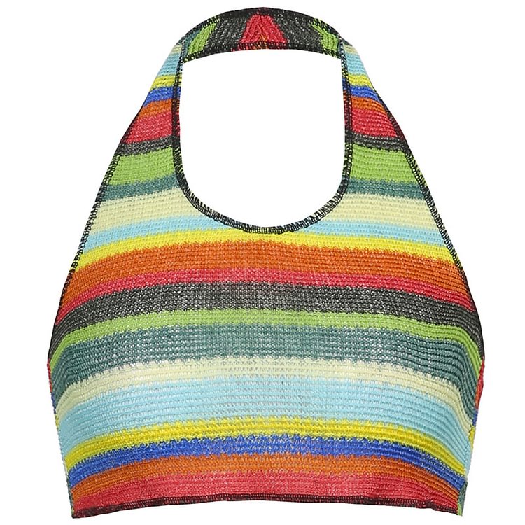 Rainbow Stripe Pattern Backless Halter Knitted Top - CODLINS - Codlins