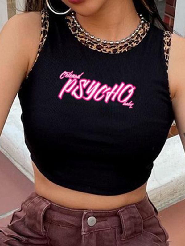 Casual Leopard Letter Printed Color Block Sleeveless Crop Top