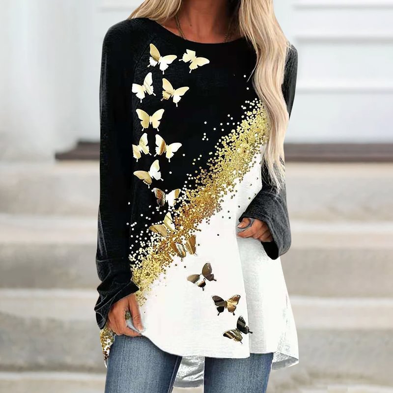 Fashion Casual Round Neck Gold Butterfly Print Long-sleeved T-shirt