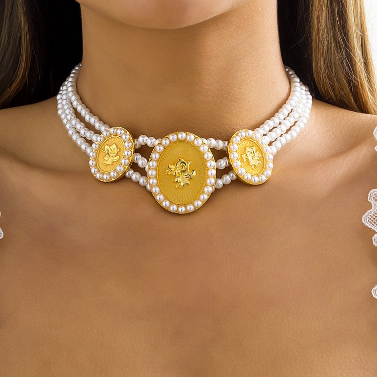 Metal Vintage Multilayer Fashion Pearl Rose Elegant Necklace Chain