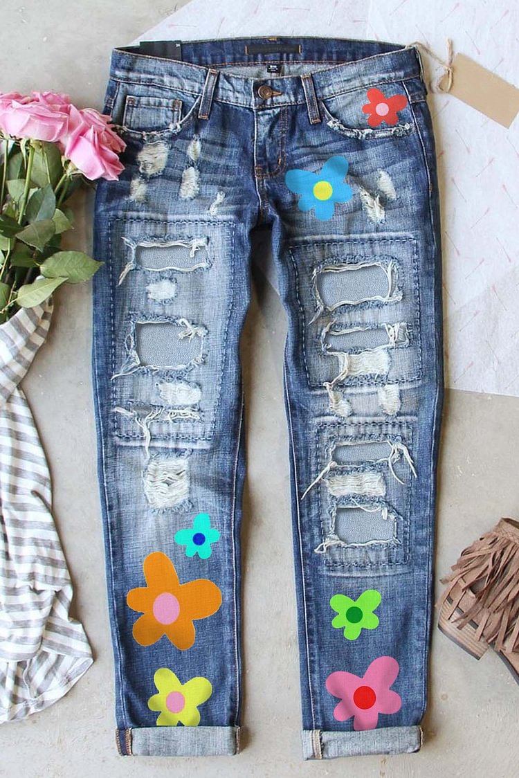 Women's Jeans Floral Print Cutout Low Rise Straight Jeans-Mayoulove