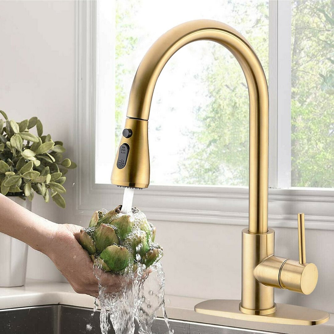 Brushed Gold Kitchen Sink Faucet Pull Down Sprayer Swivel Single Handle Mixer - vzzhome