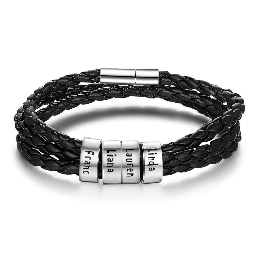 Braided Leather Bracelet with Small Custom Name Engraved 4 Beads for Men Women