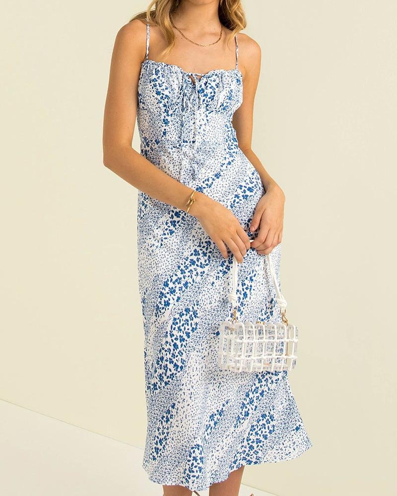 Floral Print Shirred Skinny Waist Spaghetti Strap Maxi Dress P11912