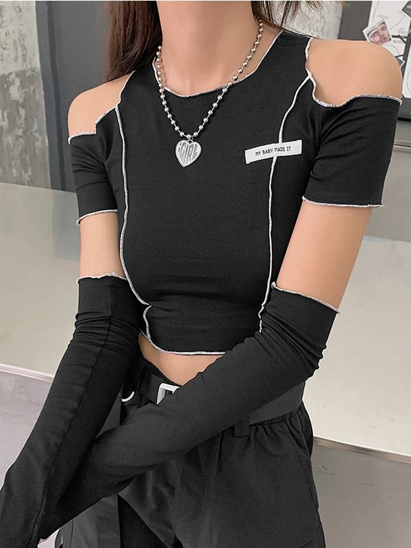 Sexy Solid Color Off The Shoulder Short Sleeve Crop Top with Gloves
