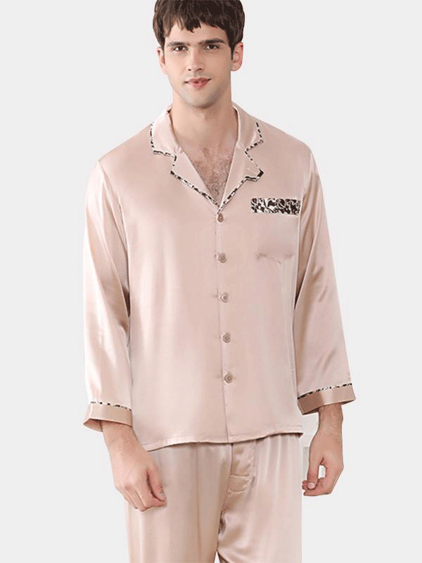 22 Momme High Quality Beige Silk Pajamas Set For Men-Luxury Silk Life