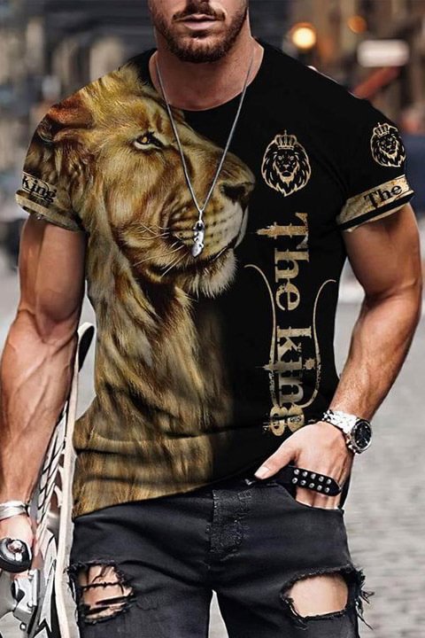 Tiboyz Street Casual Lion Animal Print Short-Sleeved T-Shirt