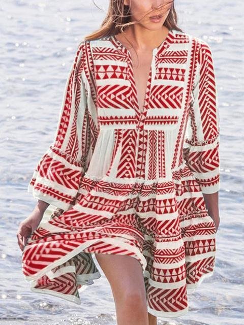 Women Bohemian Print Long Sleeve Loose Midi Dress-Allyzone-Allyzone