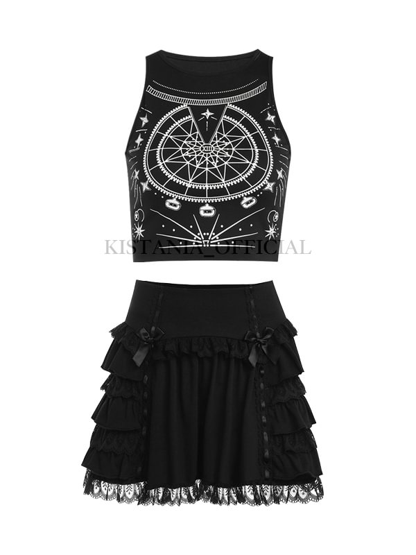 Graphic Printed Halter Sleeveless Crop Top + Lace Paneled Bowknots Decorated Layered Skirt 2-piece Sets