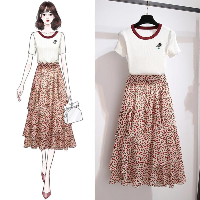 Embroidery Knit Tee+Floral Skirt P11423