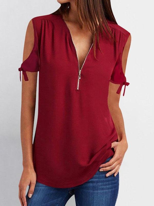 Woman's Off Shoulder V-Neck Short Sleeve T-Shirt With Zipper-Mayoulove