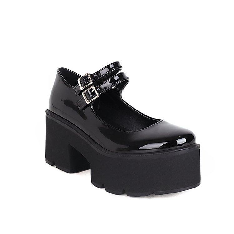 Patent Leather Buckles Mary Janes Round Toe Platform Pumps