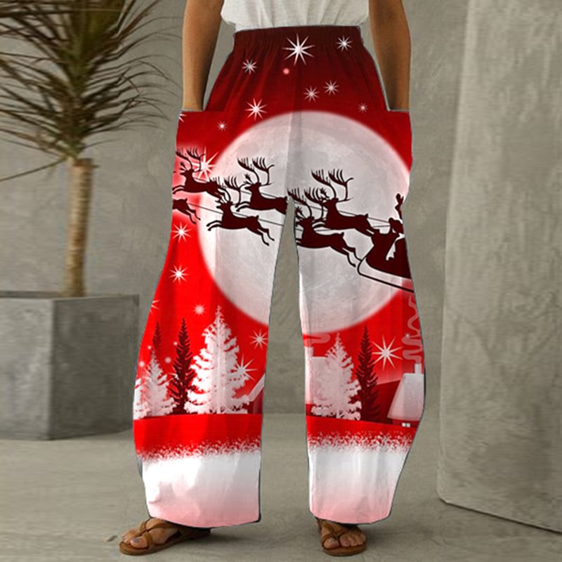 Reindeer Parade Christmas Trees Print Women All-red Wide Leg Pants