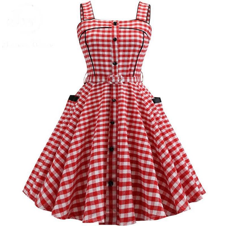Mayoulove Plaid Print Women Vintage Spaghetti Strap Pocket Red Beach 1950s Party Mini Dresses-Mayoulove
