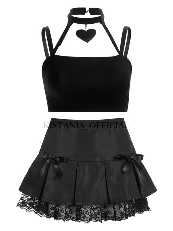 Dark Sexy Cutout Halter Spaghetti with Pendant + Lace Pleated Bow-knot Black Skirt 2 Pieces Sets