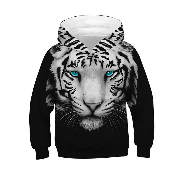 Unisex Realistic 3D White Tiger Print Pullover Hoodie Kids Hooded Sweatshirt-Mayoulove