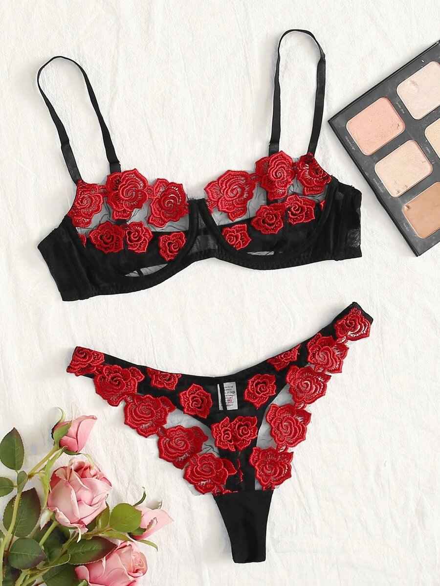 Floral Embroidered Mesh Triangle Lingerie Set-Icossi