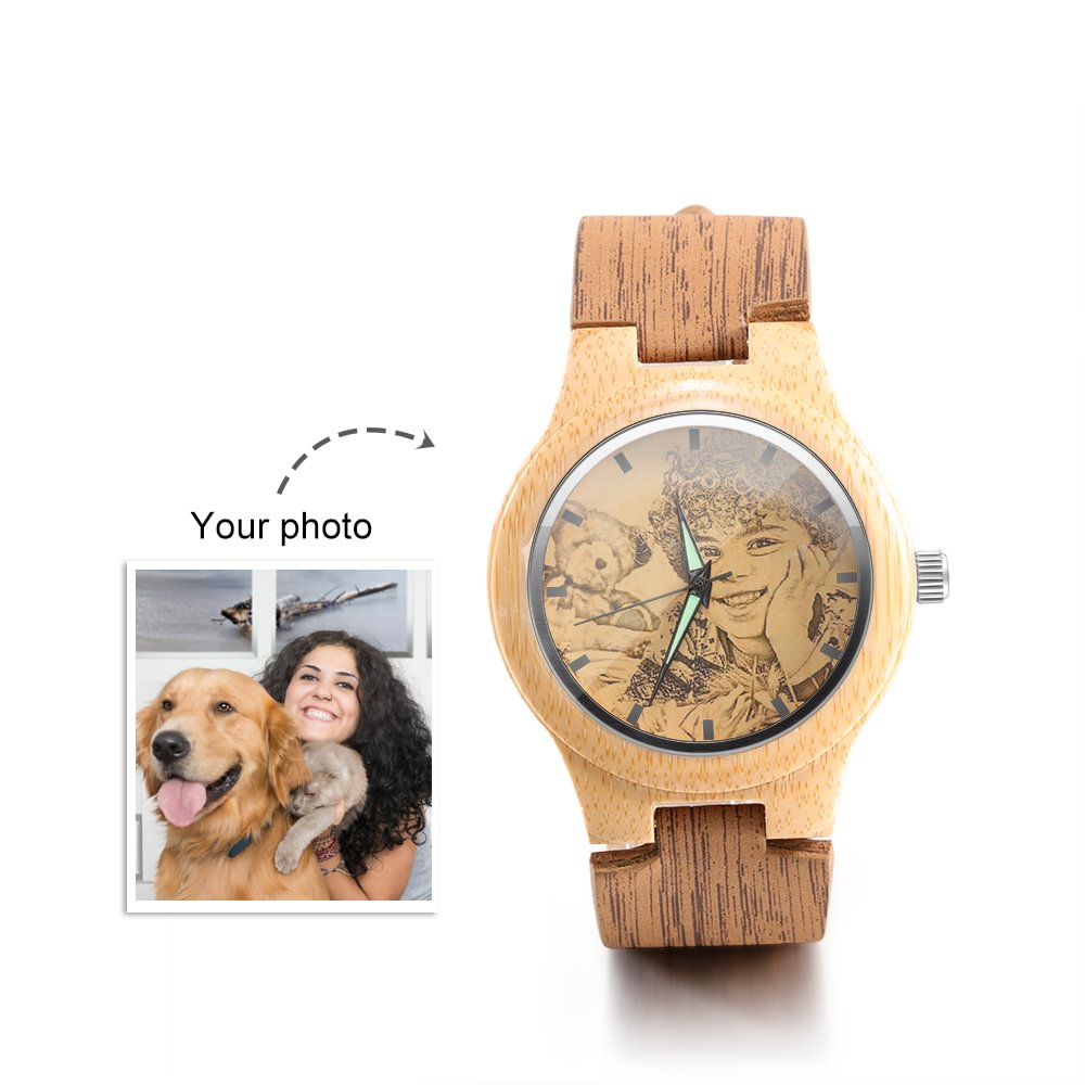 Women's Personalized Engraved Bamboo Photo Watch Wooden Leather Strap