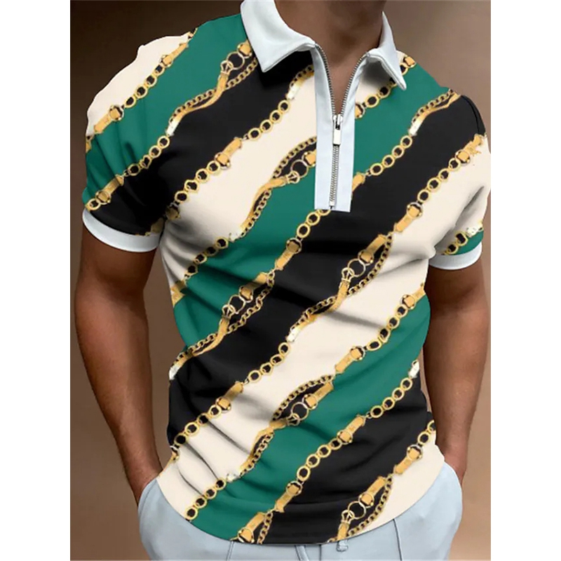 Green Stripe Print Streetwear Summer Men's Polo Shirts-VESSFUL