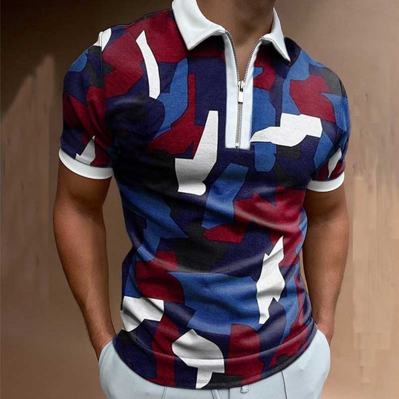 Abstract Geometric Print Zipper Men's Polo Shirts Short Sleeve Tops-VESSFUL