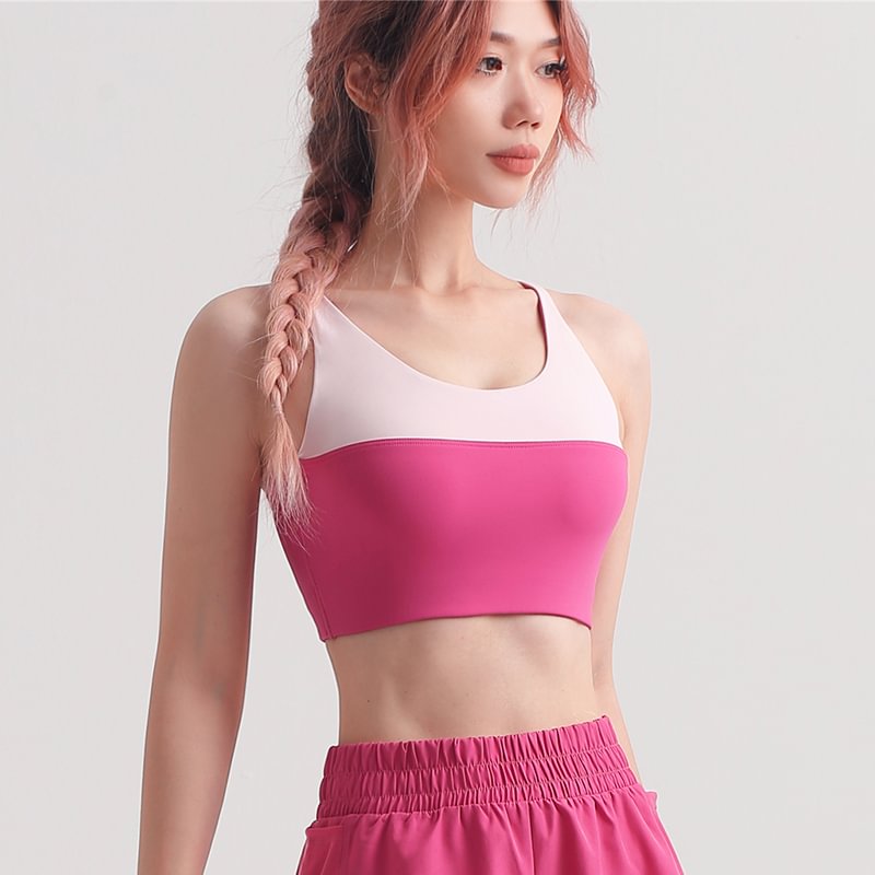 Hergymclothing Pink Lychee contrast color naked feeling light support sports bra with removable pads for sale