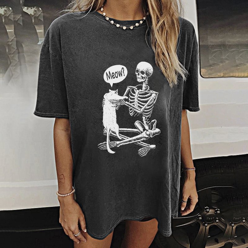 Minnieskull Meow and skeleton printed T-shirt - Minnieskull