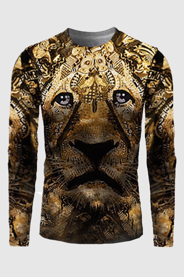 Tiboyz Fashion Men's Fall Trending Lion Print Long Sleeve T-Shirt