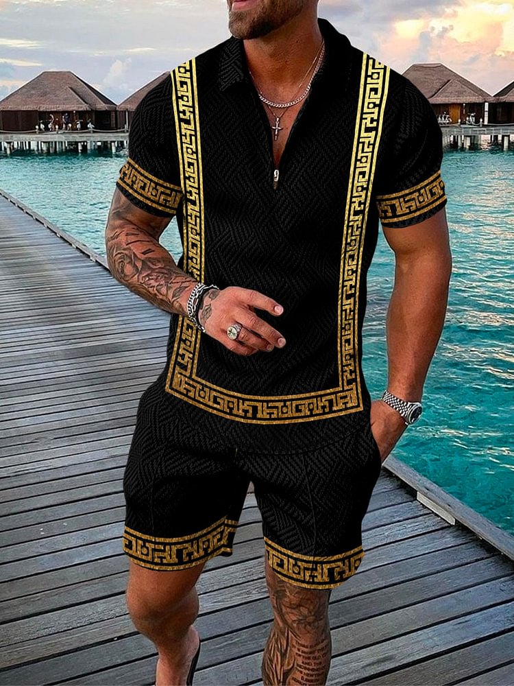 Men's Vacation Black Gold Vintage Printed Polo Suit