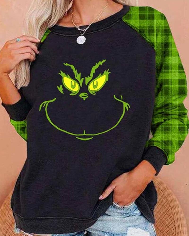 Women's Plaid Stitching Grinch Round Neck Sweatashirt