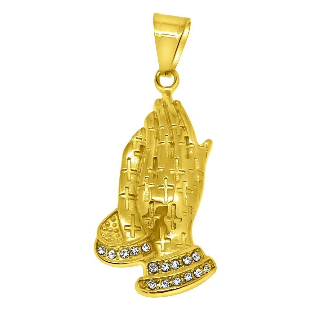 Prayer Hands Cross Pattern Gold Steel Pendant-VESSFUL