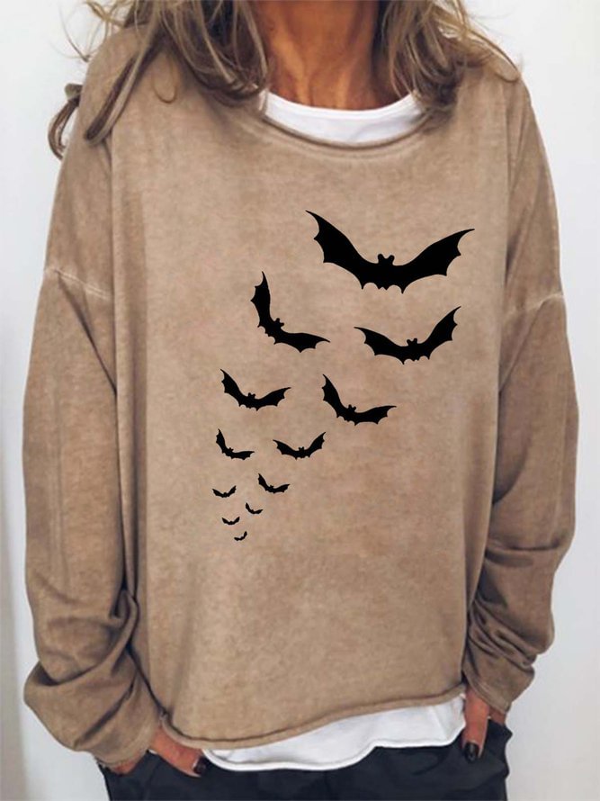 Women Bats Pattern Crew Neck Casual Halloween Sweatshirt