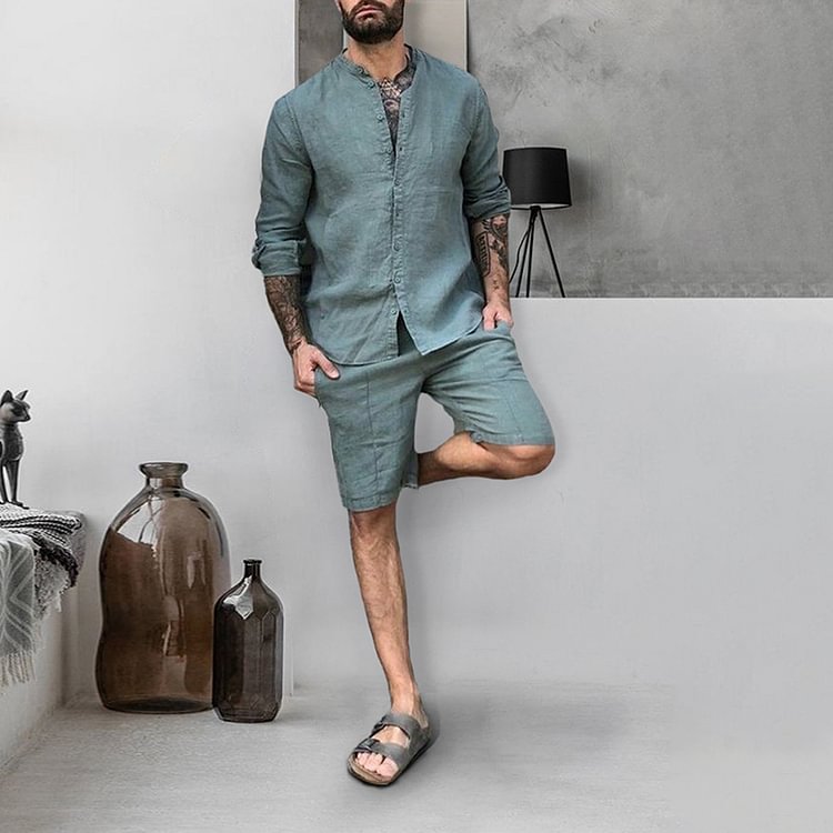BrosWear Solid Color Button Cotton Linen Shirt And Shorts Set