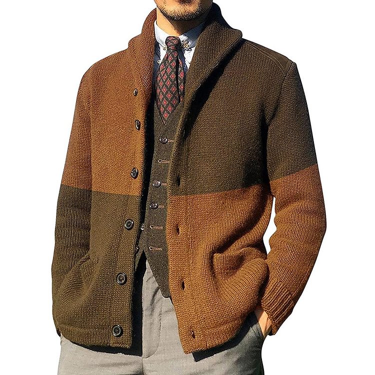 BrosWear Casual Contrast Color Cardigan Shawl Collar Sweater  brown