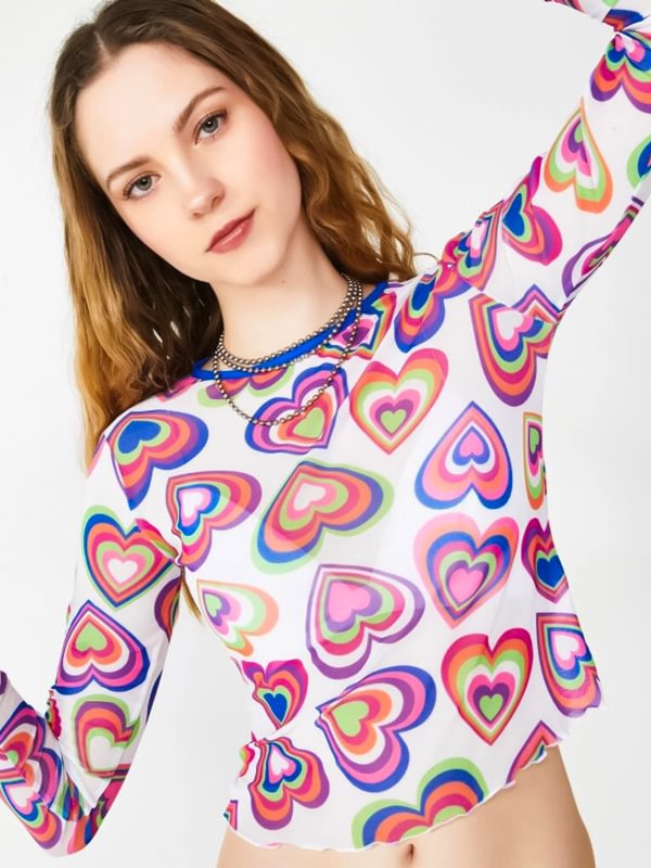 Y2K Sexy Girl Color Block Heart Printed Ruffled See Through Long Sleeve Crew Collar Midriff Sweatshirt