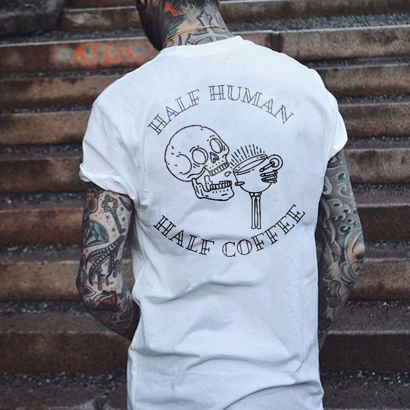 Half Human Half Coffee Skull Drinking Coffee Men's T-shirt -  