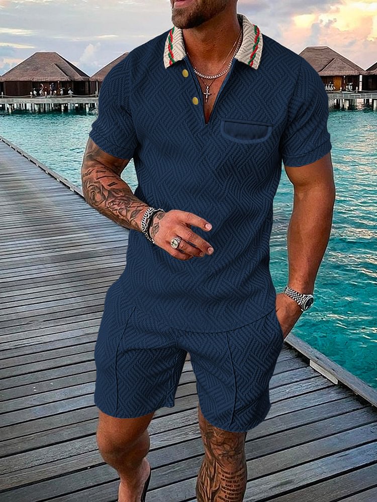 Men's Casual Printed Dark Blue Polo Suit