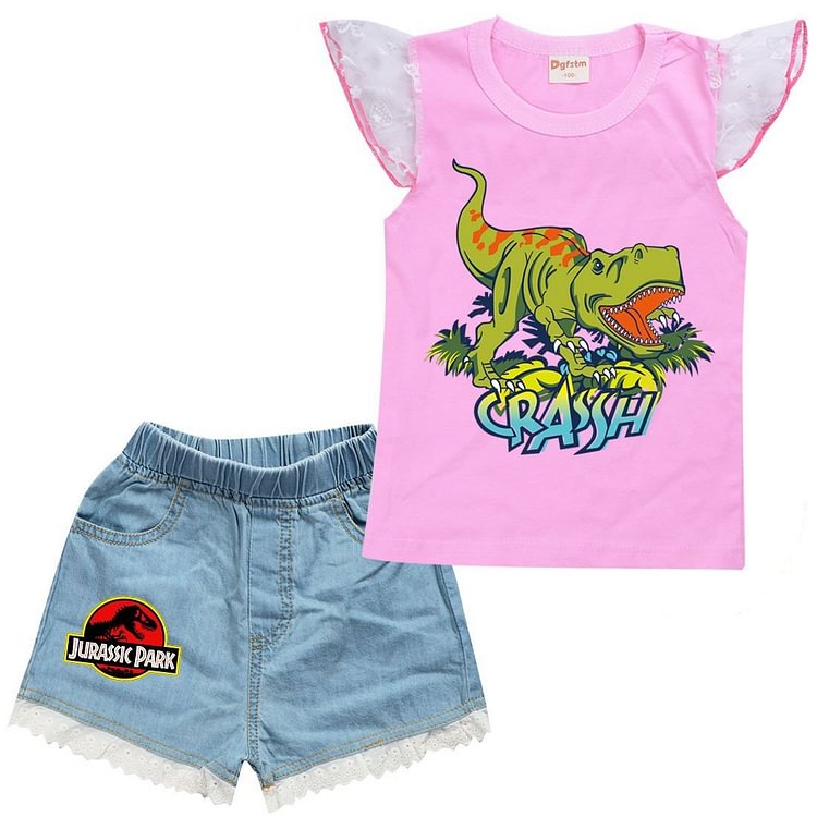 Crassh Jurassic Park Dragon Print Girls Tank Top And Denim Shorts Sets-Mayoulove