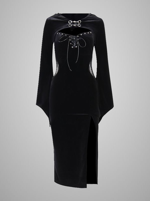 Velvet Lace Up High Split Long Bell Sleeve Hooded Bodycon Dress 2-piece Sets